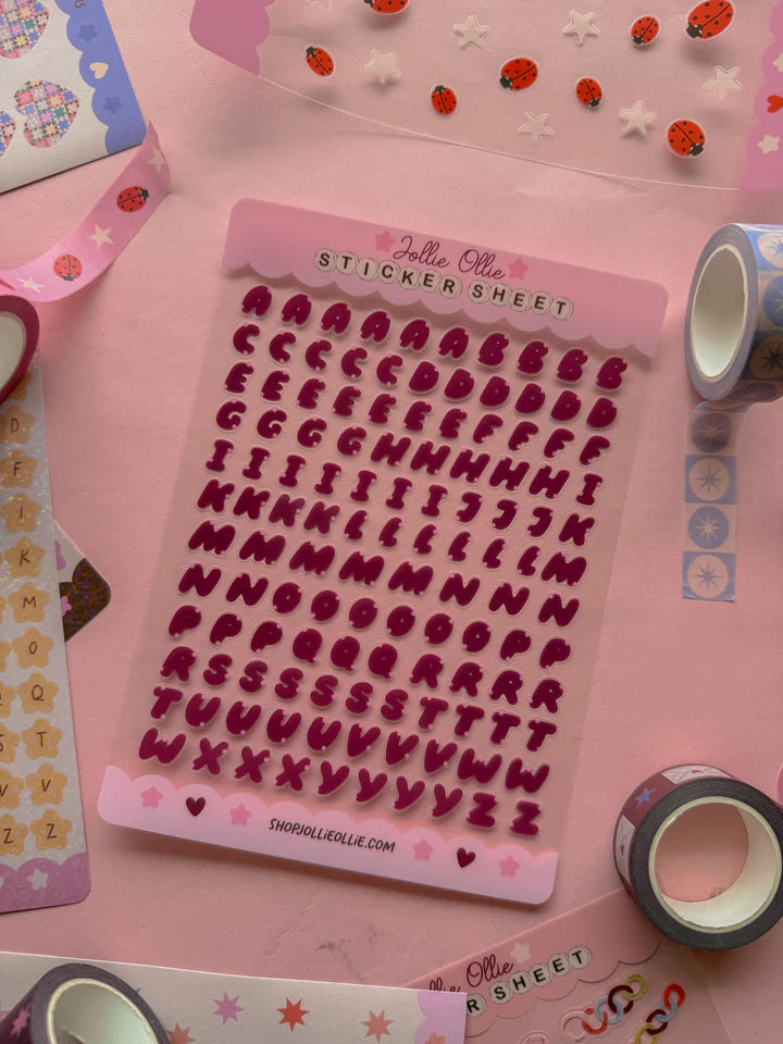 MAROON BUBBLE LETTER STICKER SHEET (CLEAR BACK)