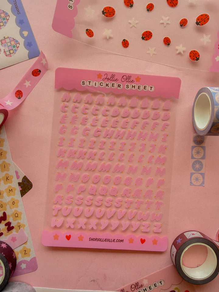 PINK BUBBLE LETTER STICKER SHEET (CLEAR BACK)- Sticker Sheet