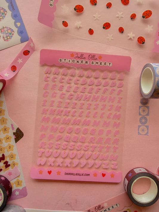 PINK BUBBLE LETTER STICKER SHEET (CLEAR BACK)- Sticker Sheet